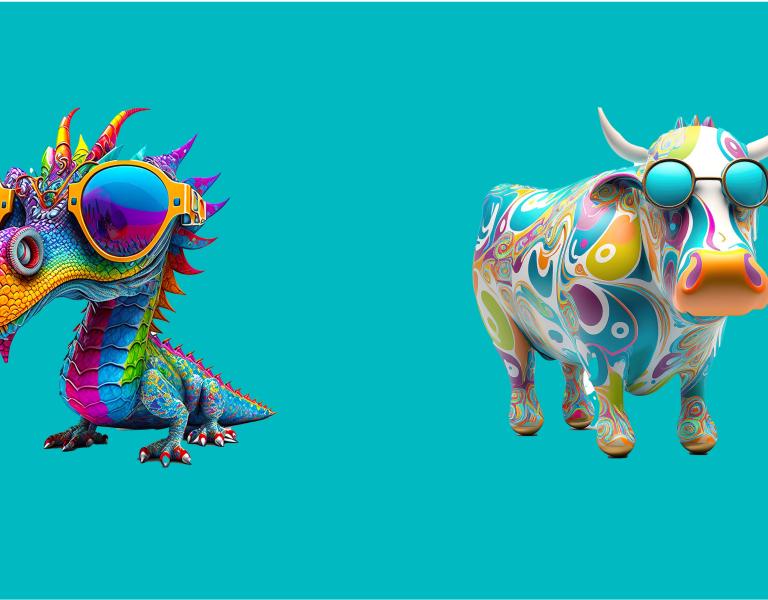 EXCEL Banner featuring an frog with sunglasses, a dragon, a cow and a fox