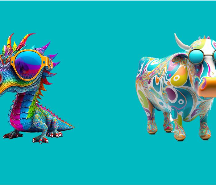 EXCEL Banner featuring an frog with sunglasses, a dragon, a cow and a fox