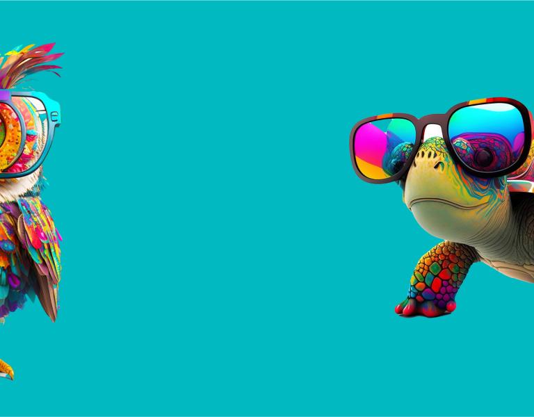 EXCEL for Youth Banner featuring an owl with glasses on the left and a tortoise with glasses on the bottom right