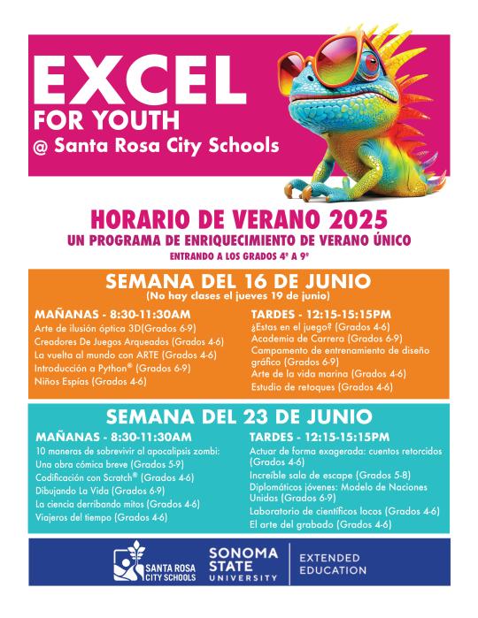 EXCEL Summer 2025 course listings flyer for morning and afternoon sessions in Spanish