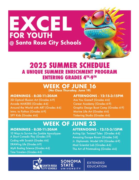 EXCEL Summer 2025 Flyer course listings for morning and afternoon sessions